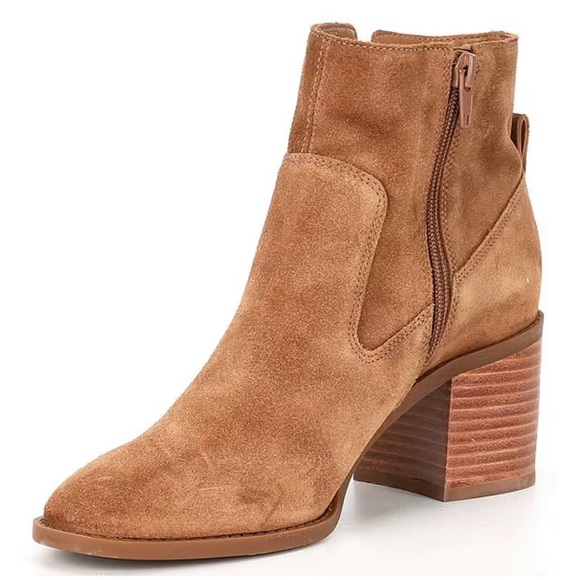 Chelsea & Violet Wren Light Brown Suede Heeled Booties Asymmetrical Boots Sz 8 - Picture 5 of 16